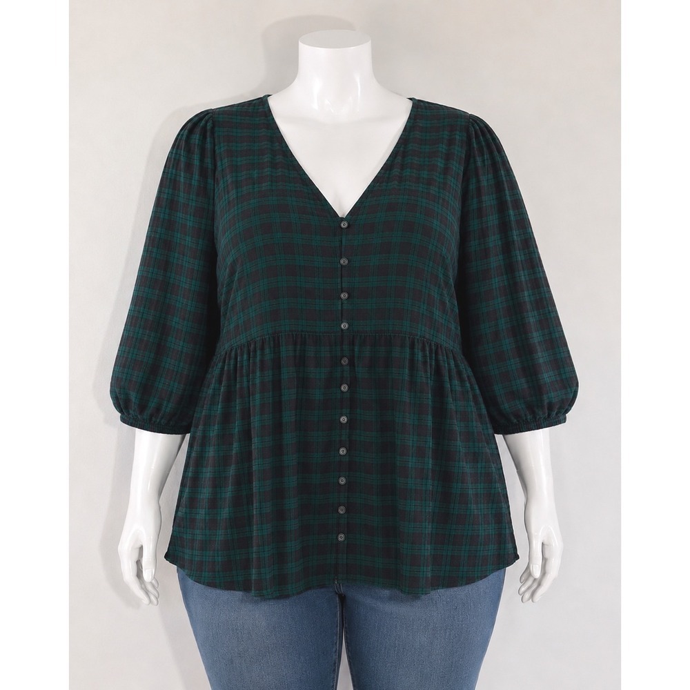 Torrid Green Black Plaid Button Front Babydoll Top Size 3 3X 3/4 Sleeve Boho